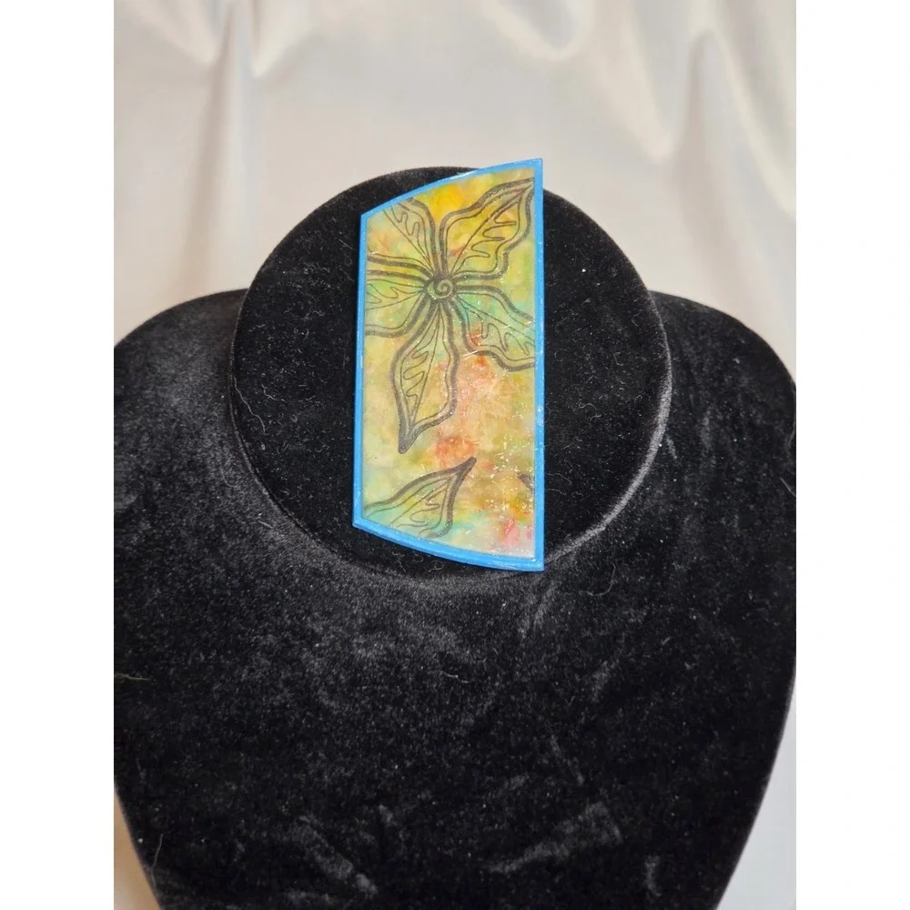 Vintage Handcrafted Signed Asymmetrical Floral Brooch Pin Multicolor Blue Clay